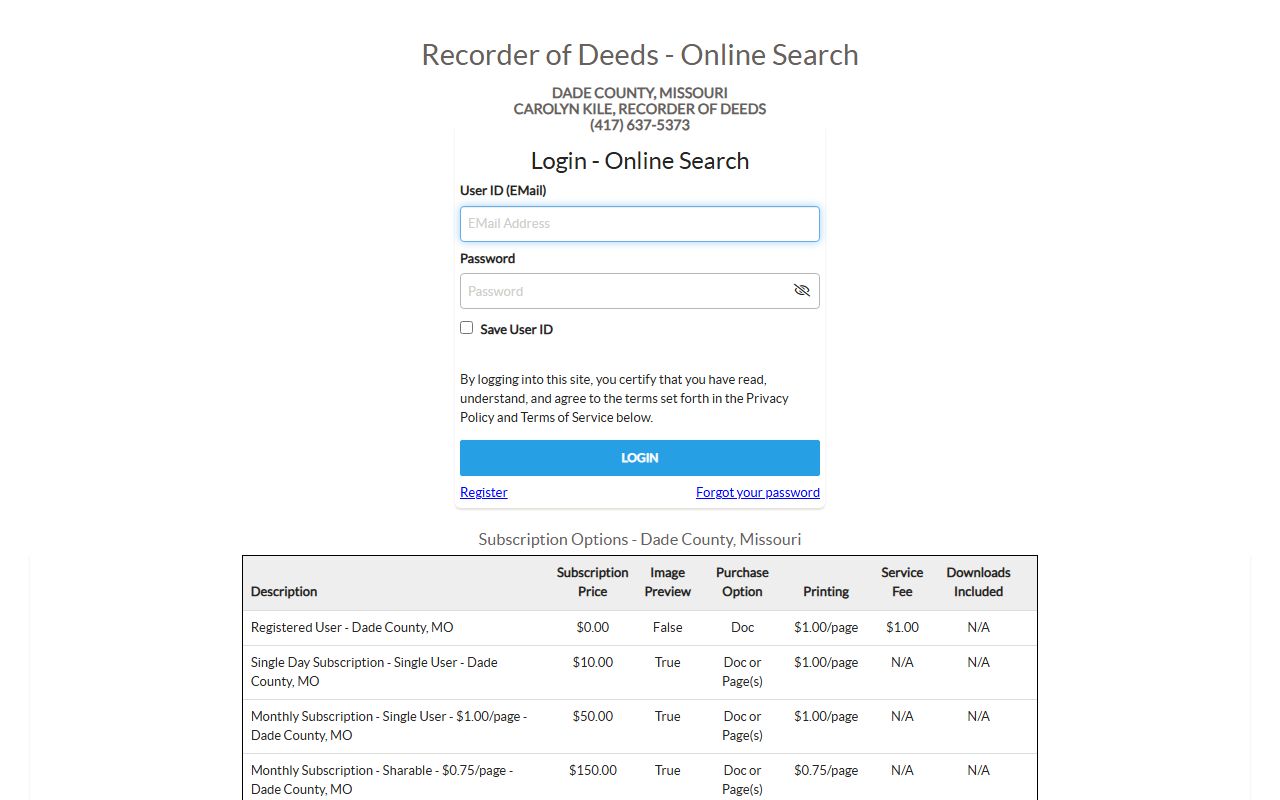 Dade County recorder iCounty login separate from Circuit Clerk court records
