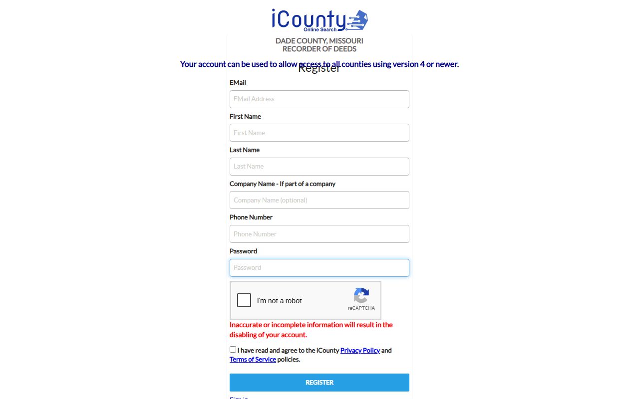 Dade County recorder iCounty registration fields for non-court records
