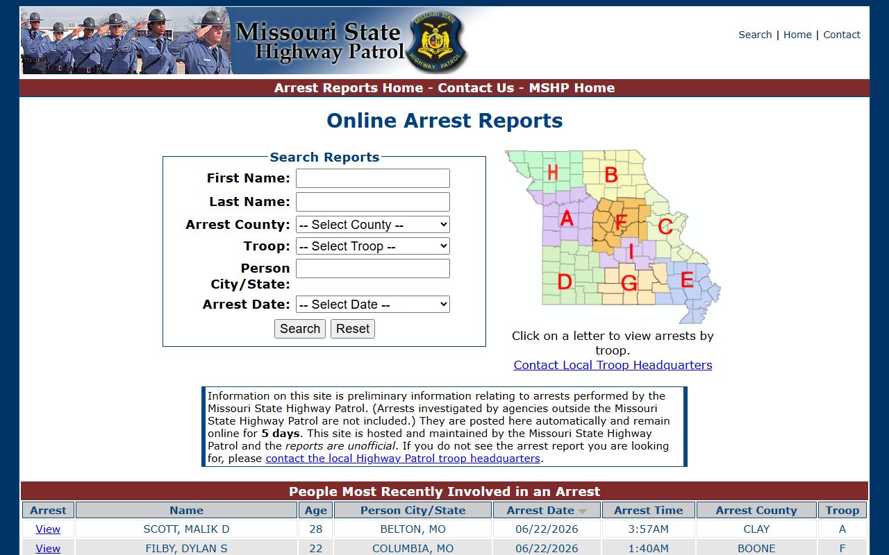 Dade County arrest records MSHP arrest report search fields