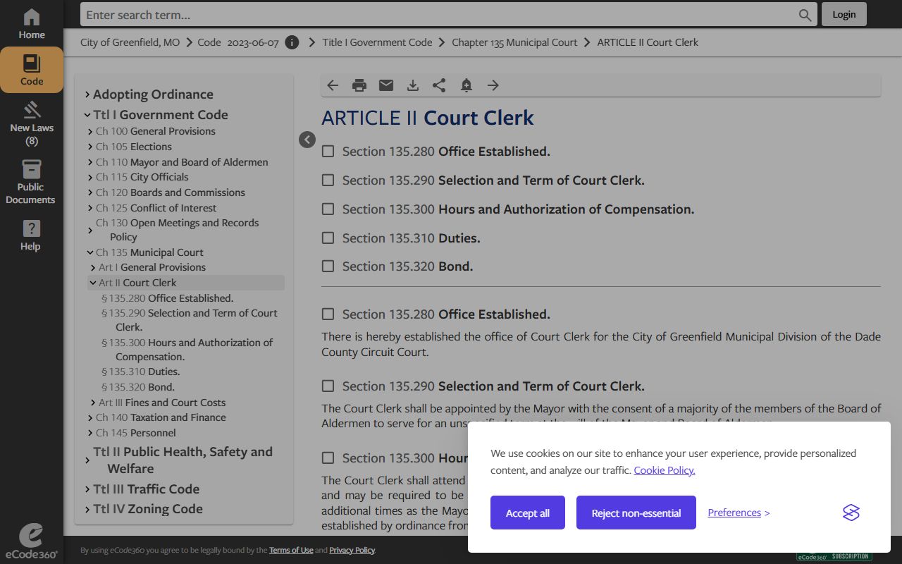 Dade County court dockets Greenfield municipal code Court Clerk duties