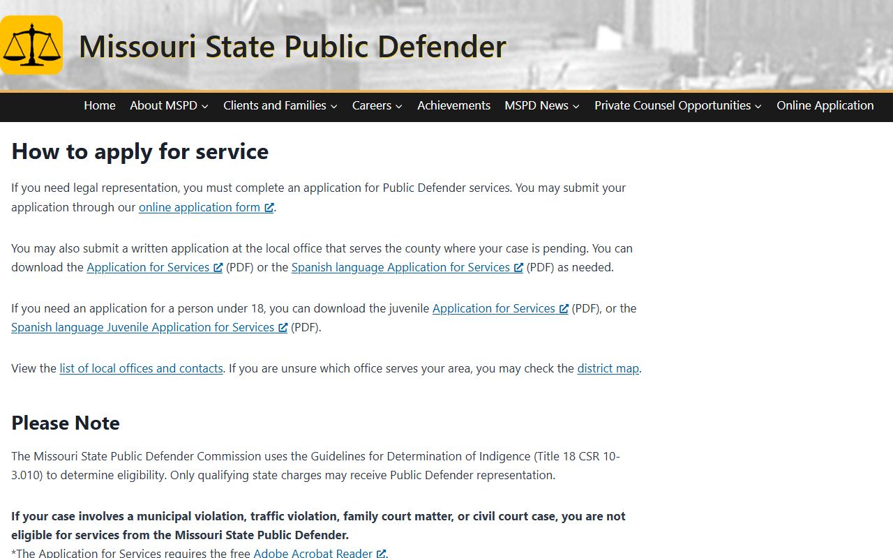 Dade County court dockets Missouri State Public Defender application guidance