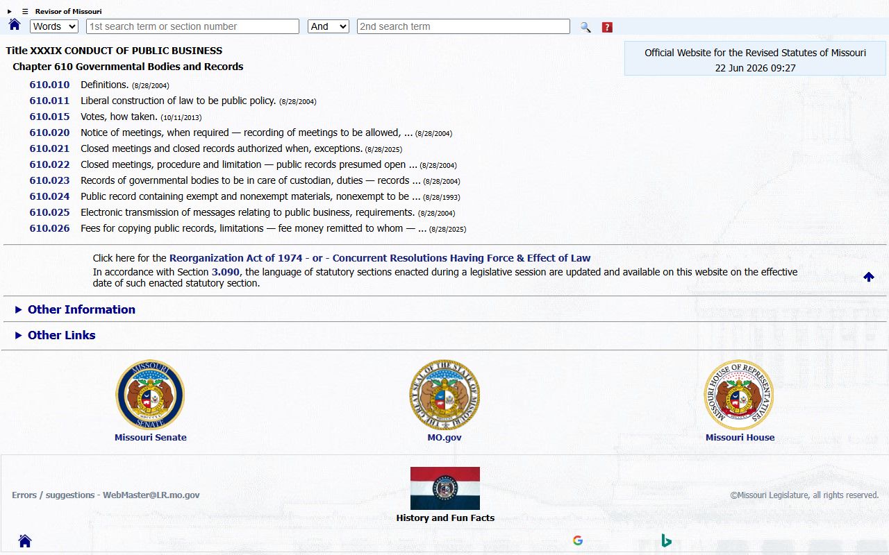 Dade County court records Missouri Sunshine Law definitions and fees