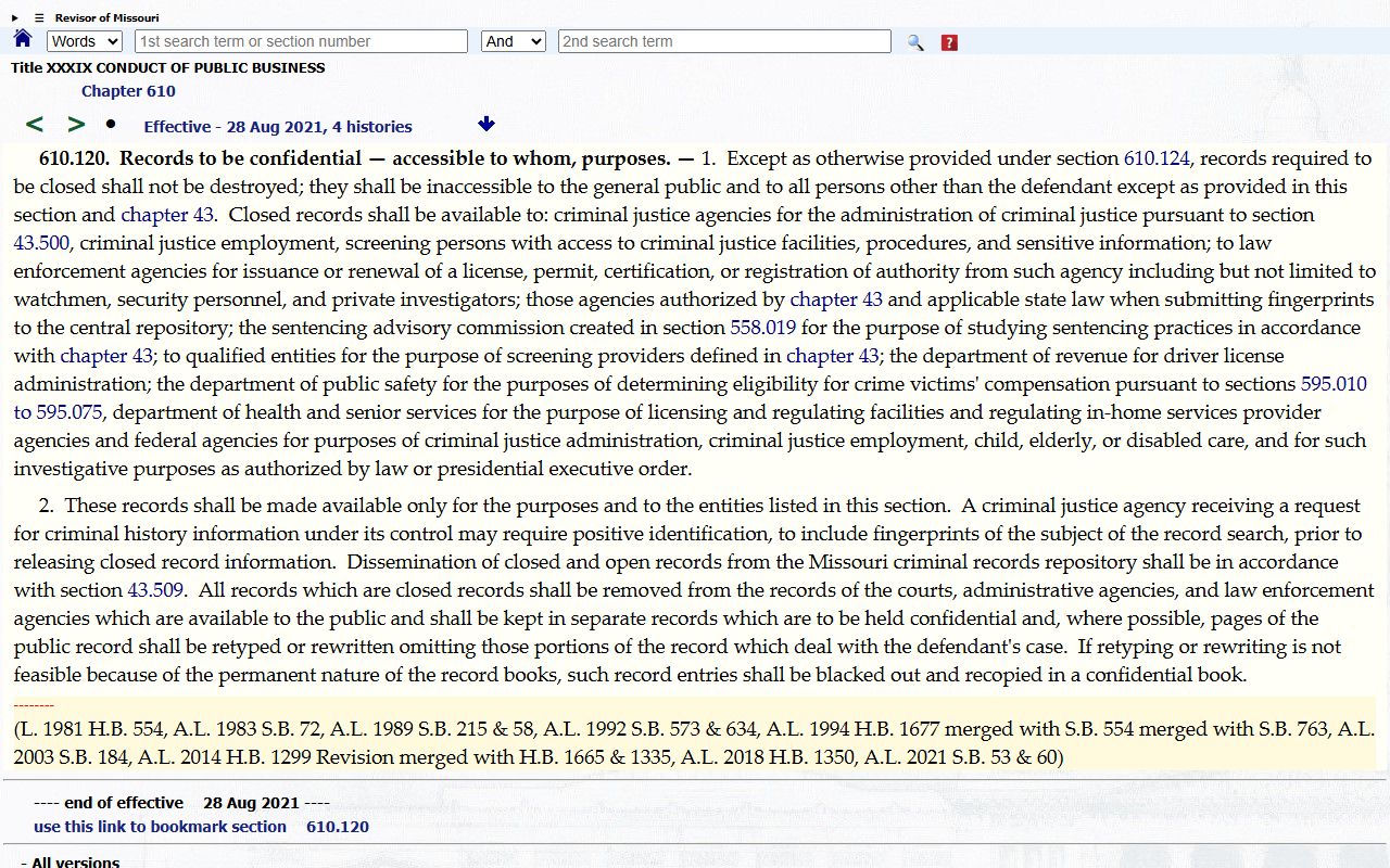 Dade County court records Missouri closed criminal records statute