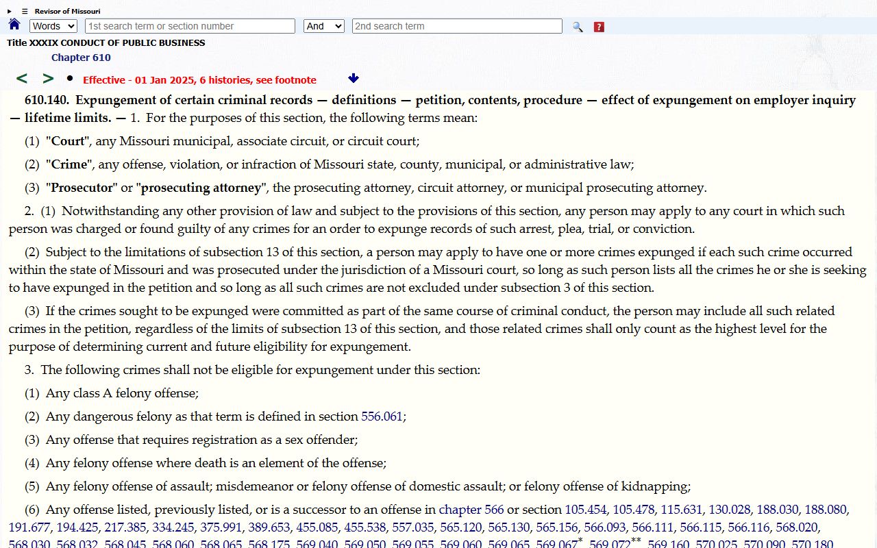 Dade County criminal court records Missouri expungement statute