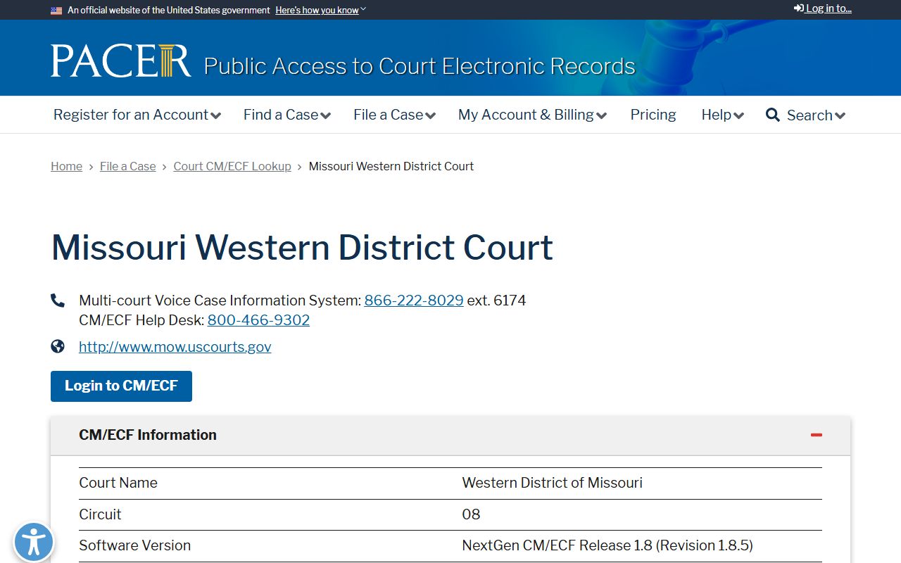Dade County federal PACER CM ECF lookup separate from Missouri Circuit Court