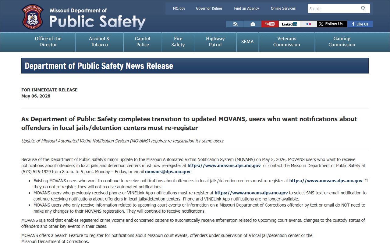 Dade County inmate search Missouri DPS MOVANS update