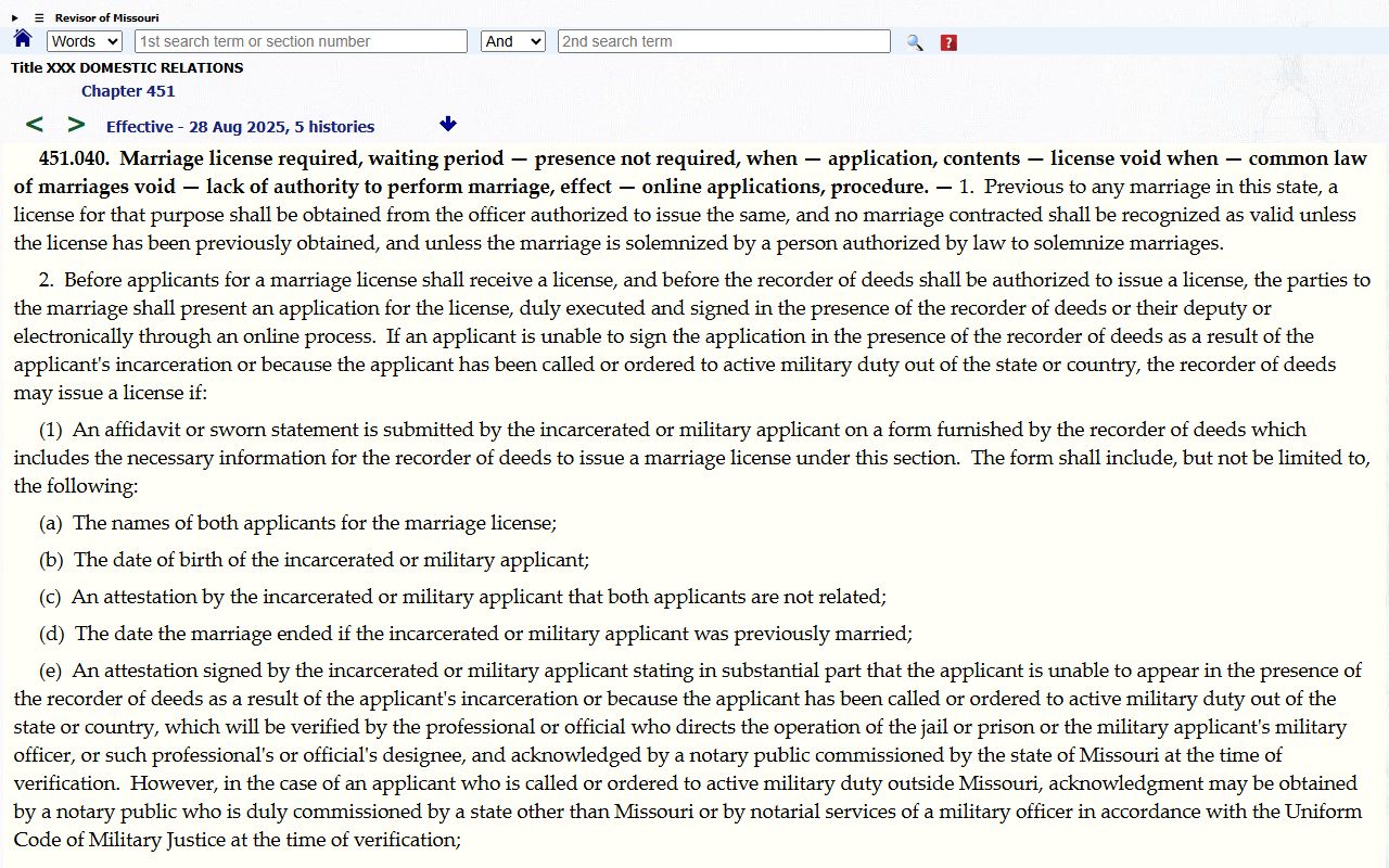 Dade County marriage records Missouri marriage license statute