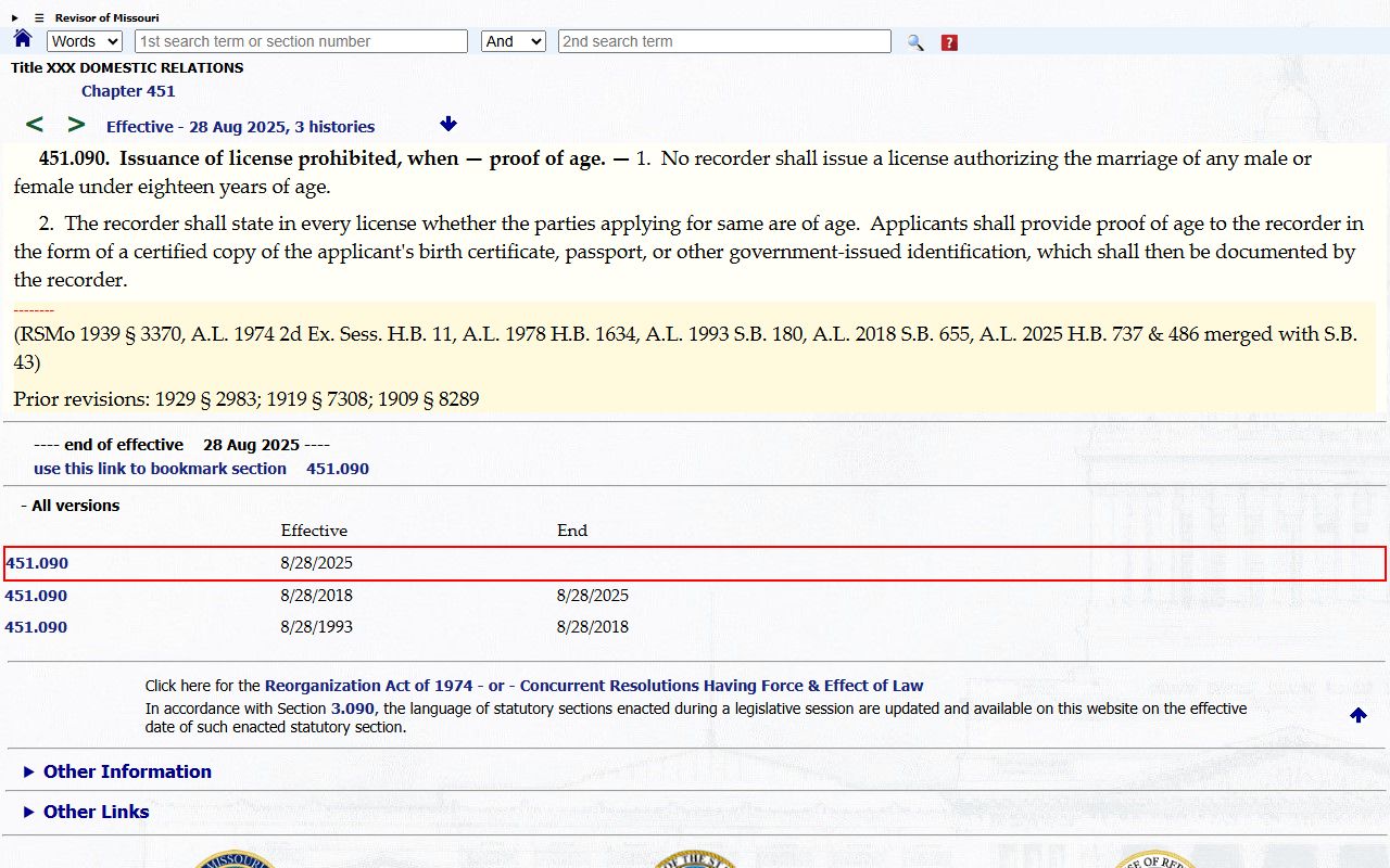 Dade County marriage records Missouri age proof statute