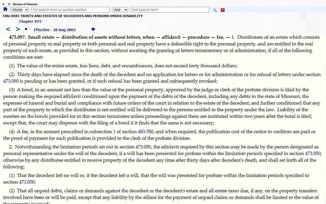 Dade County probate records Missouri small estate statute